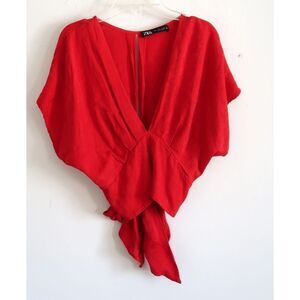 ZARA Red Short Sleeve Wrap-Tie Blouse - Size Large